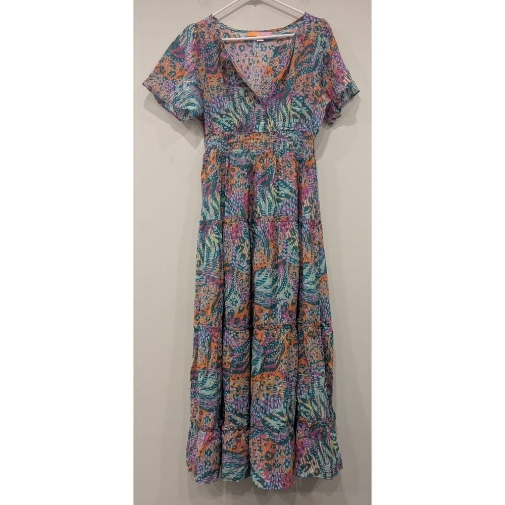 Briton Court Multicolor V-neck Cotton Midi Dress Size Medium